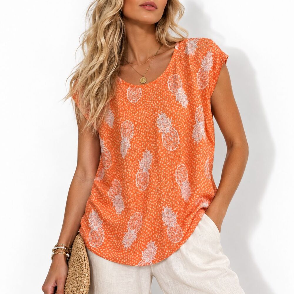 Christian Siriano 100% Linen Top Medium Coral Orange Pineapple Blouse Shirt